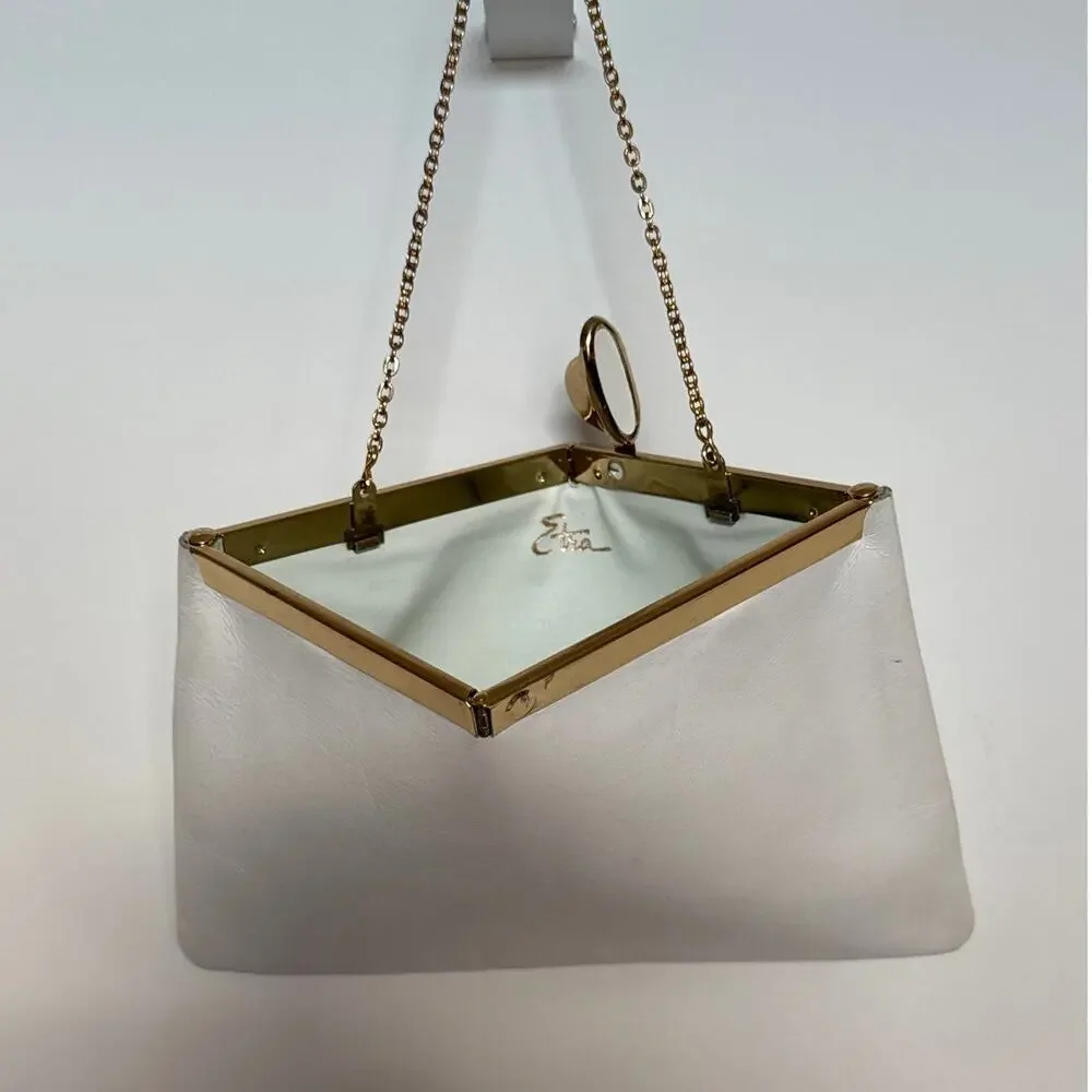 70s Etra white clutch with gold metal frame and matching gold chain strap